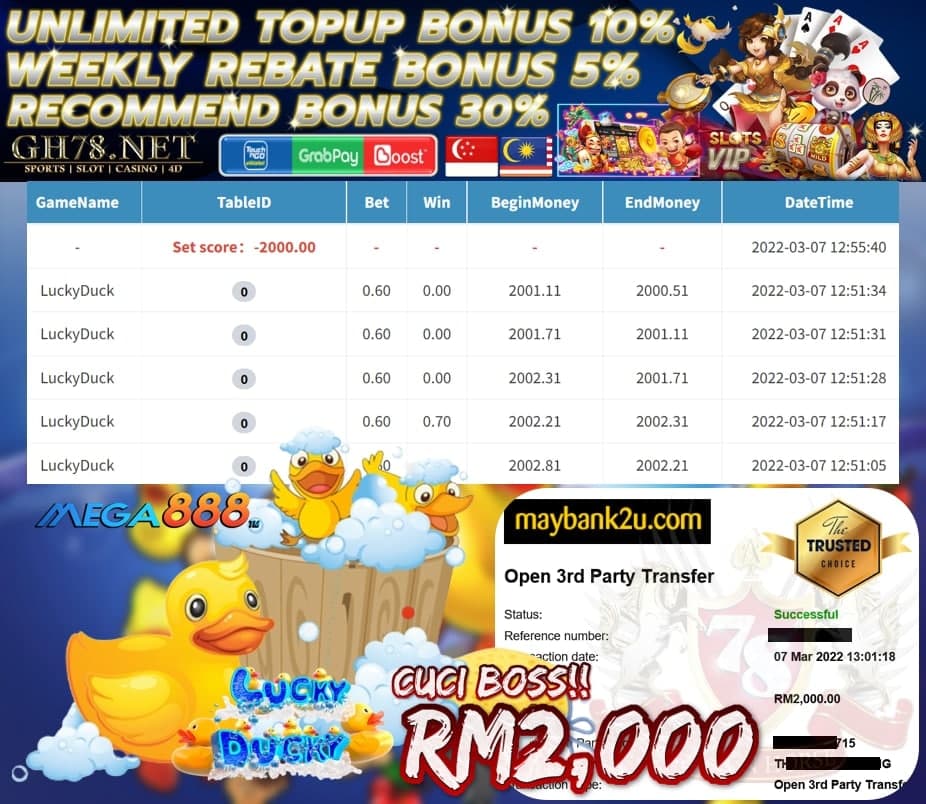 MEGA888 '' LUCKY DUCKY '' CUCI RM 2,000 ♥