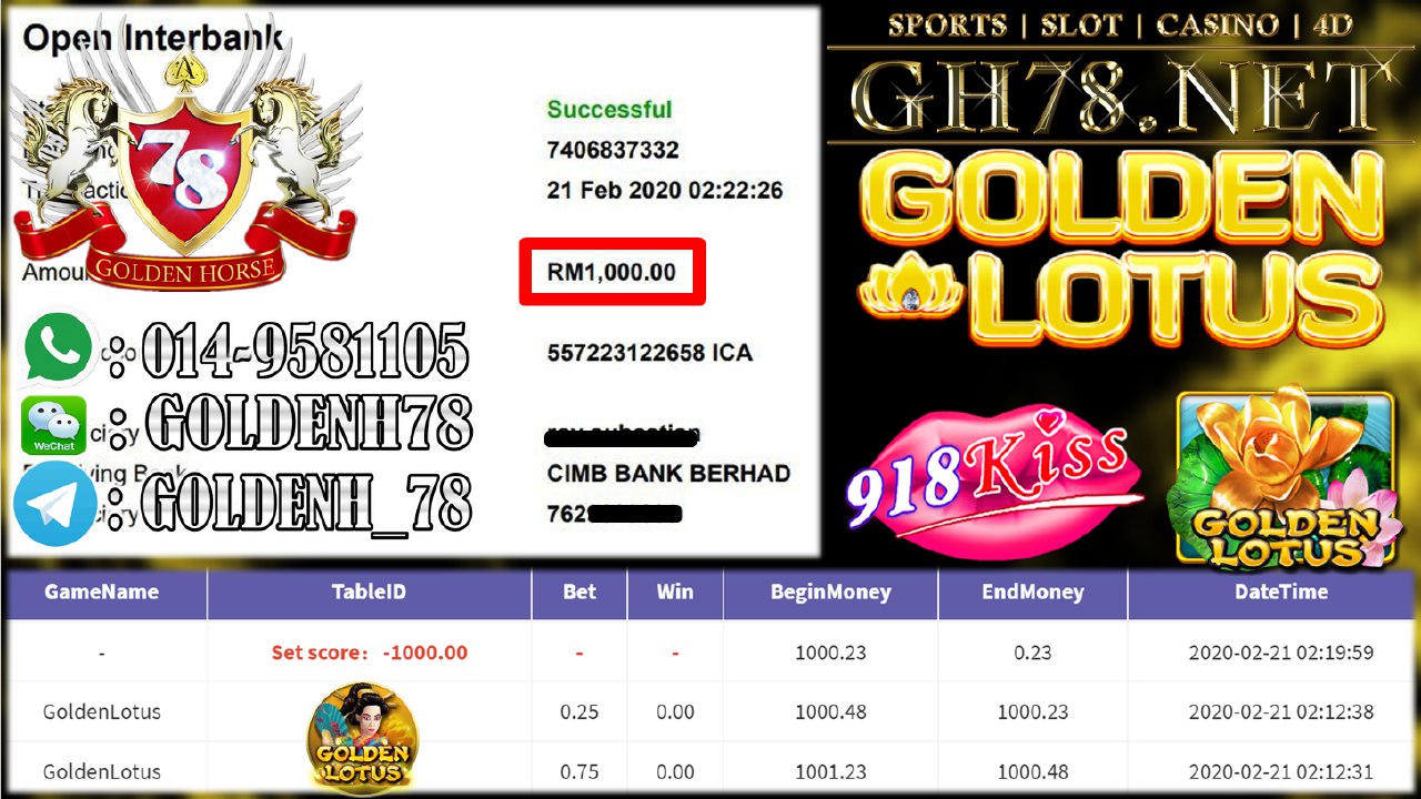 2020 NEW YEAR !!! MEMBER MAIN 918KISS, GOLDEN LOTUS , WITHDRAW RM1000!!