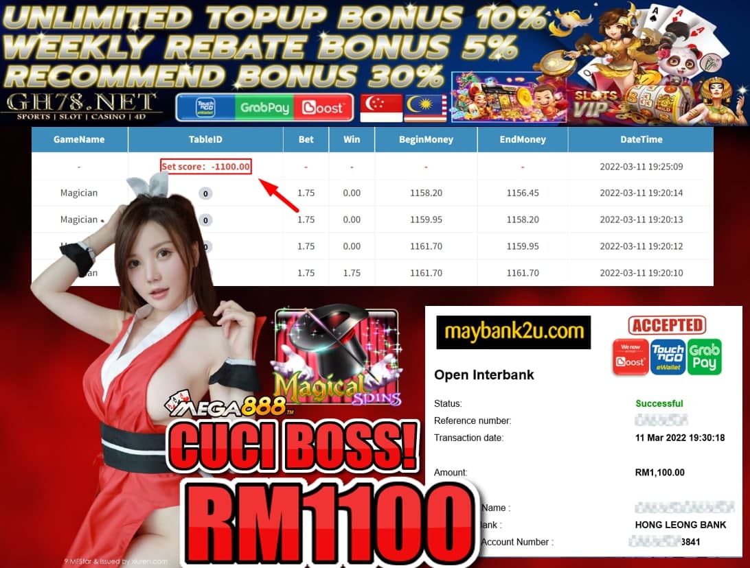 MEGA888 '' MAGICIAN '' CUCI BOSS RM1100 ♥