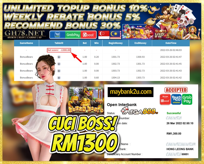 MEGA888 '' BONUS BEARS '' CUCI RM 1,300 ♥