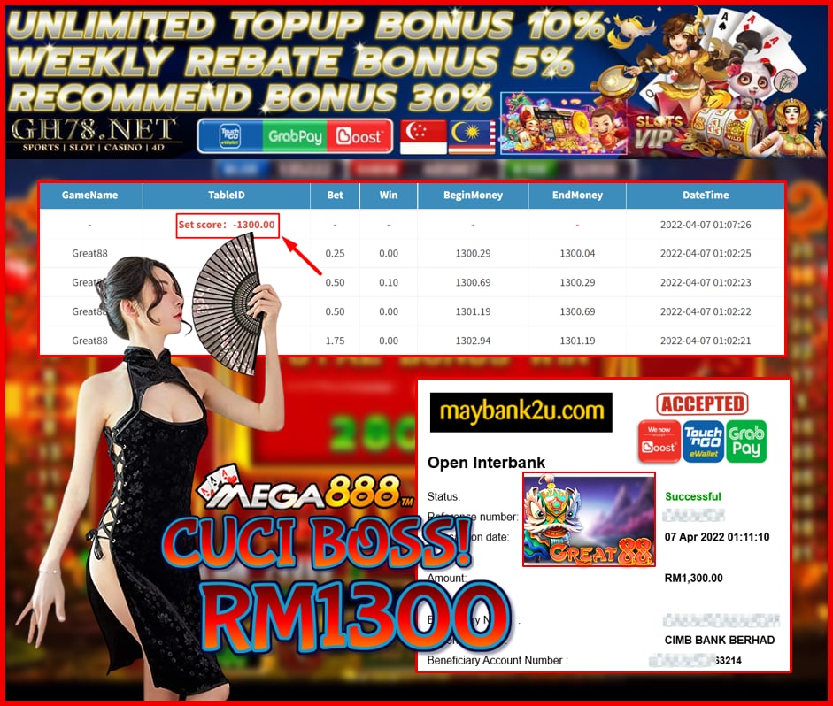 MEGA888 '' GREAT 88 '' CUCI RM 1,300 ♥