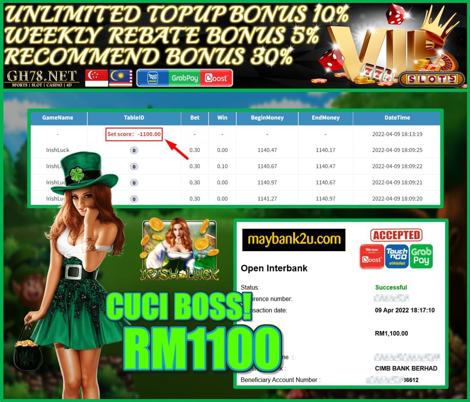 MEGA888 '' IRSIH LUCK '' CUCI RM 1,100 ♥