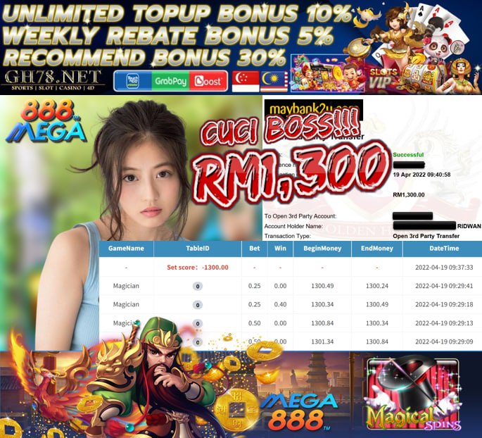MEGA888 '' MAGICIAN '' CUCI BOSS RM 1,300 ♥