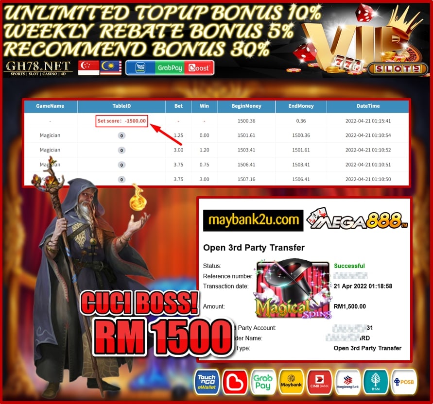 MEGA888 '' MAGICIAN '' CUCI RM 1,500 ♥