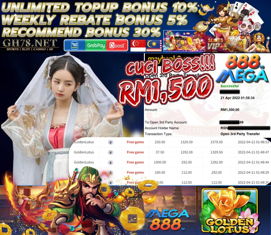 MEGA888 '' GOLDEN LOTUS '' CUCI RM 1,500 ♥