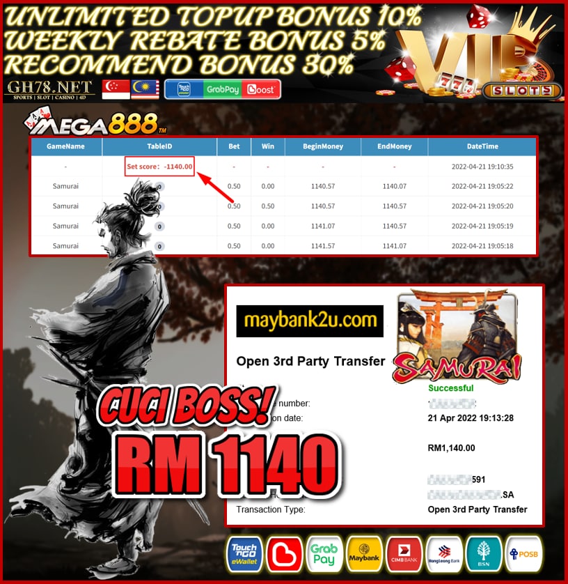 MEGA888 '' SAMURAI '' CUCI RM 1,140 ♥