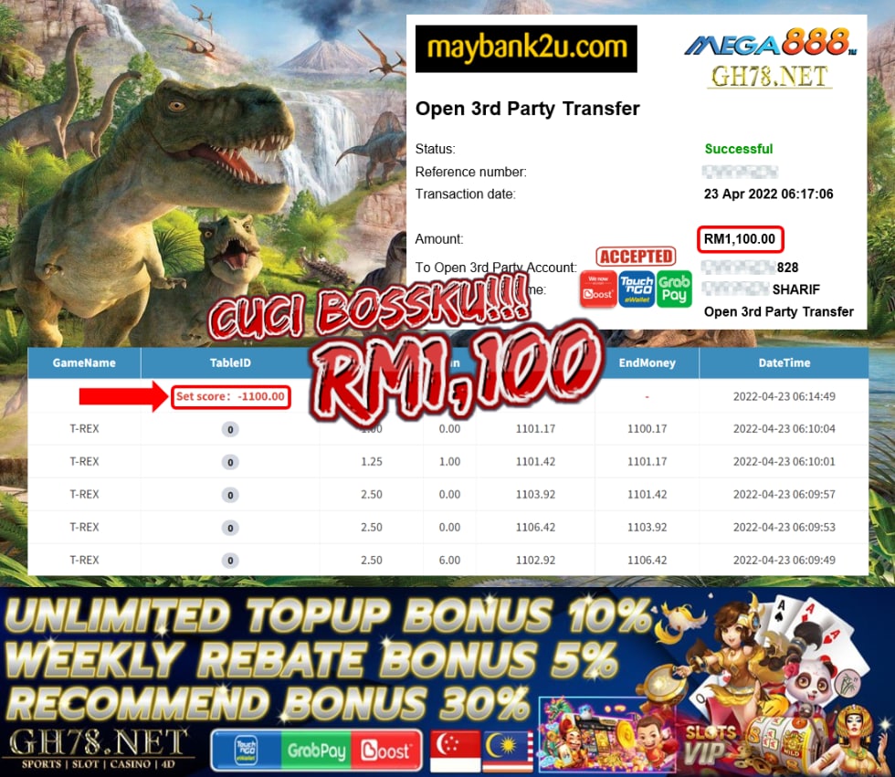 MEGA888 '' T-REX '' CUCI RM 1,100 ♥