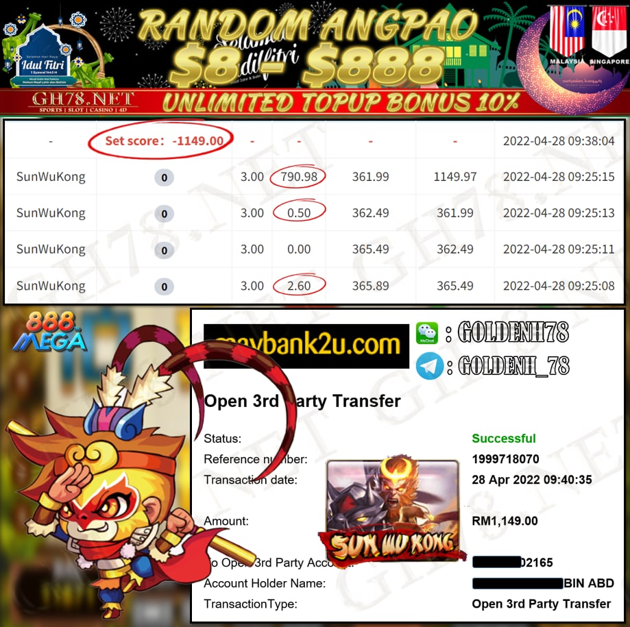 MEGA888 '' SUN WU KONG '' CUCI RM 1,149 ♥