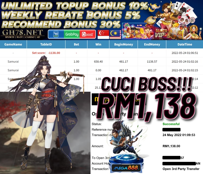 MEGA888 '' SAMURAI '' CUCI RM 1,138 ♥