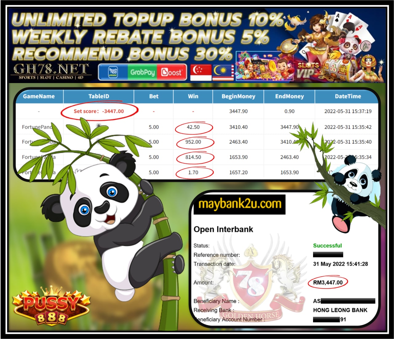 PUSSY888 '' FORTUNE PANDA '' CUCI RM3,447 ♥