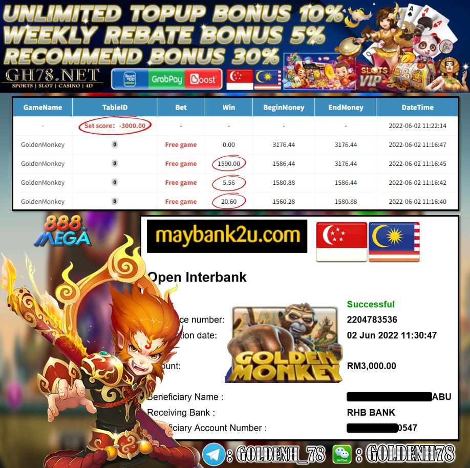 MEGA888 '' GOLDEN MONKEY '' CUCI RM3,000 ♥