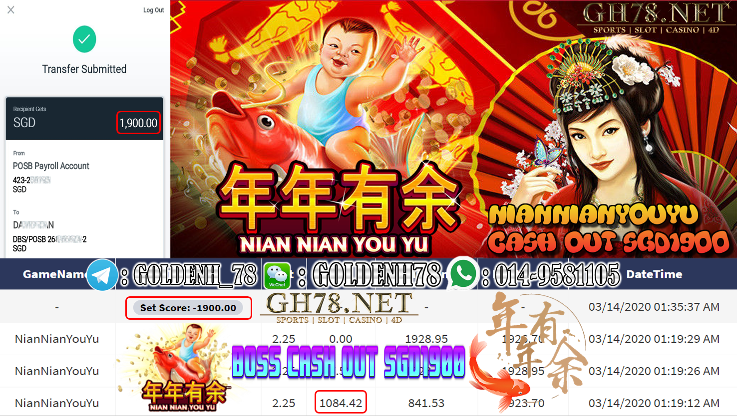 MEMBER MAIN XE88 GAME NIAN NIAN YOU YU MINTA OUT $1900!!!!