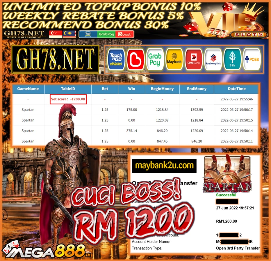 MEGA888 '' SPARTAN '' CUCI RM1,200 ♥