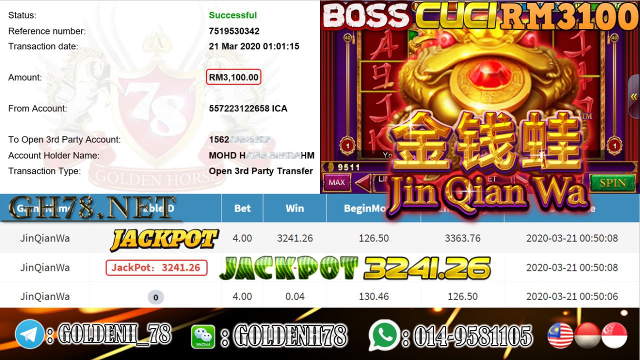 MEMBER MAIN PUSSY888 GAME JINQIANWA DAPAT JACKPOT MINTA OUT RM3100!!!! 