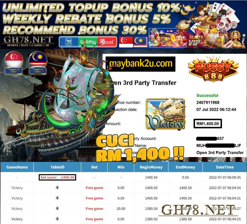 PUSSY888 MEMBER MAIN VITORY DAPAT CUCI RM1,400 ♥