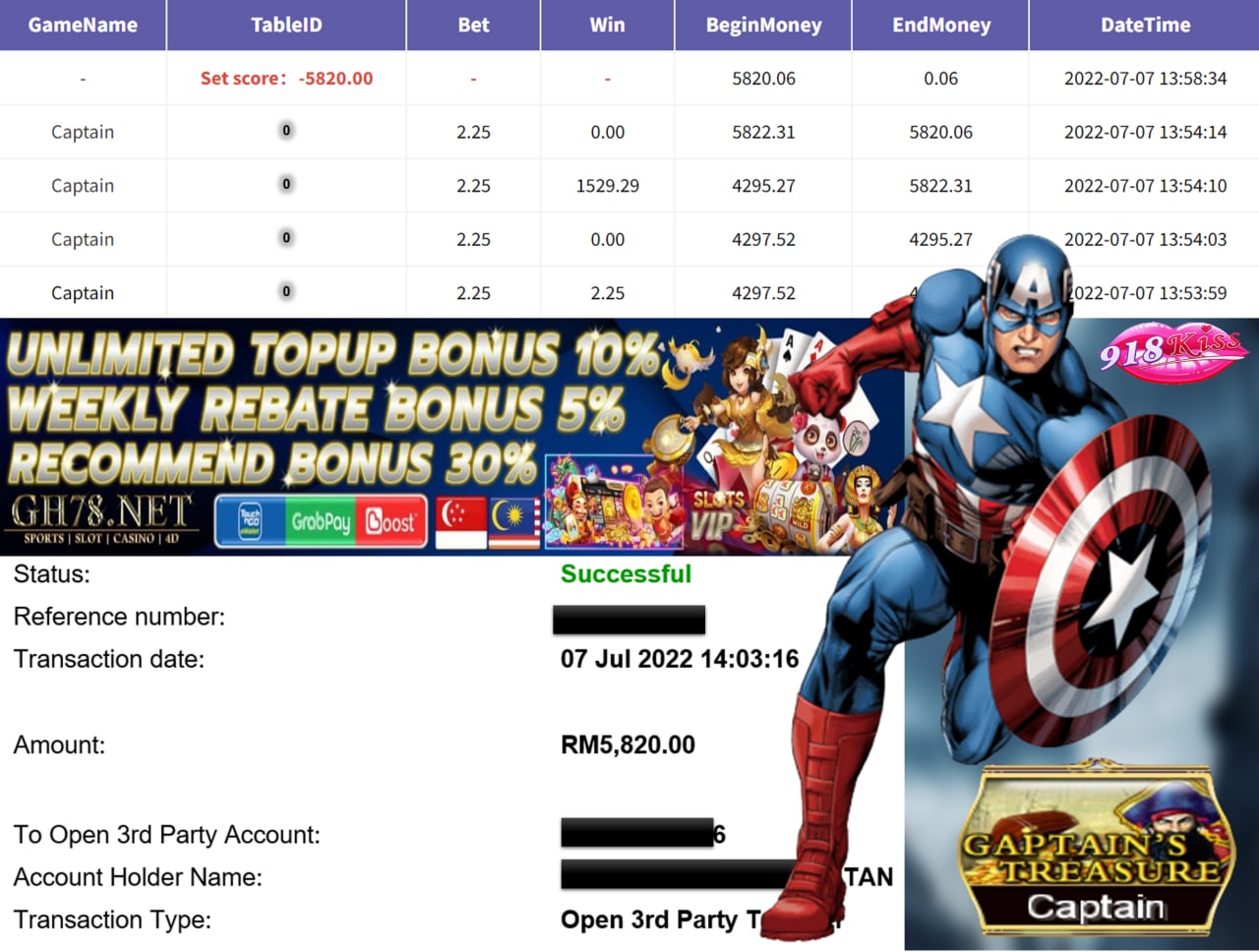 918KISS MEMBER MAIN CAPTAIN TREASURE CASHOUT RM5,820