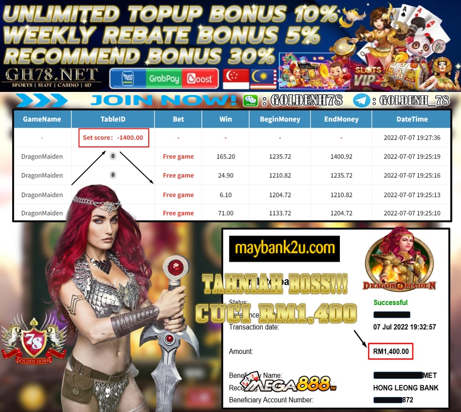 MEGA888 MEMBER MAIN DRAGONMAIDEN DAPAT CUCI RM1,400