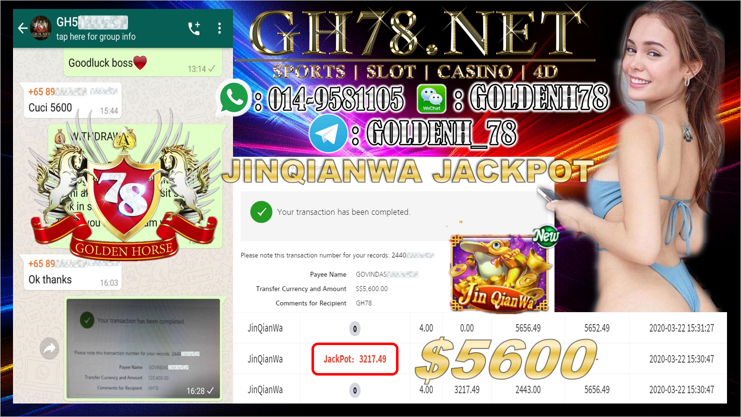 MEMBER MAIN 918KISS GAME JINQIANWA MINTA OUT $5600!!!!