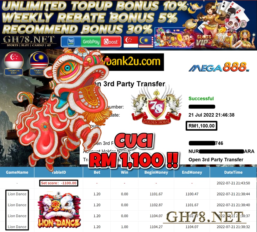 MEGA888 '' LION DANCE '' CUCI RM 1,100 ♥