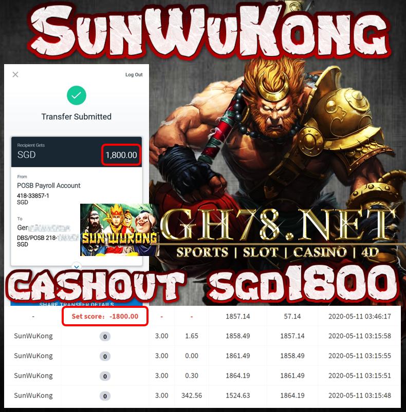 MEMBER PLAY SUNWUKONG CASHOUT SGD1800