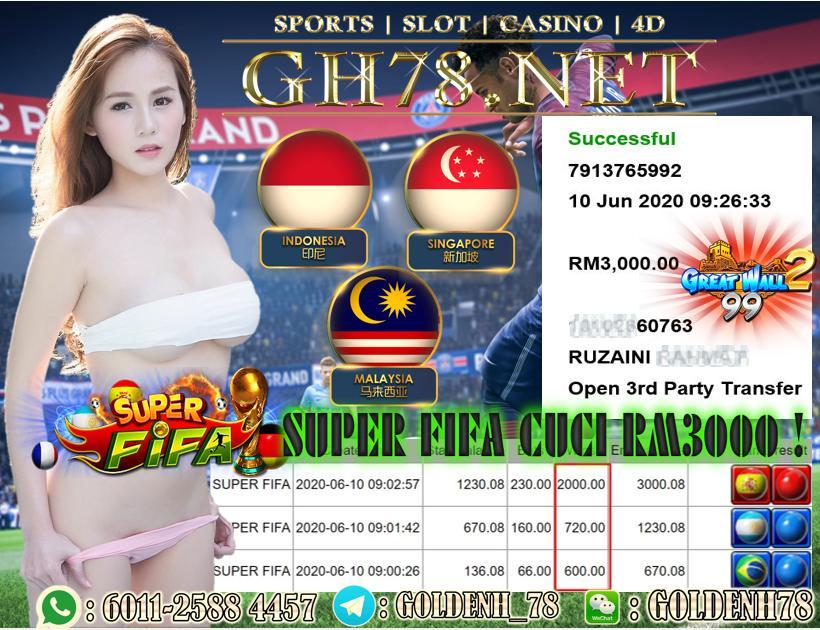 MEMBER MAIN SUPER FIFA , SERVER GW99 , MENANG BESAR, MINTA CUCI RM3000