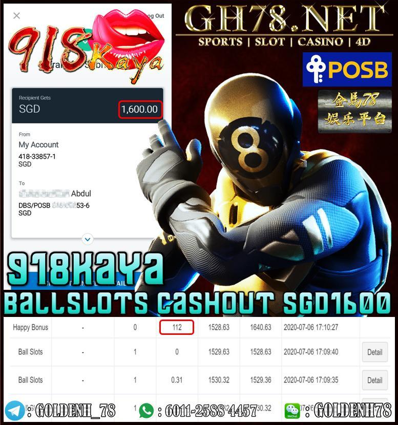 918KAYA BALL SLOTS CASHOUT SGD1600 