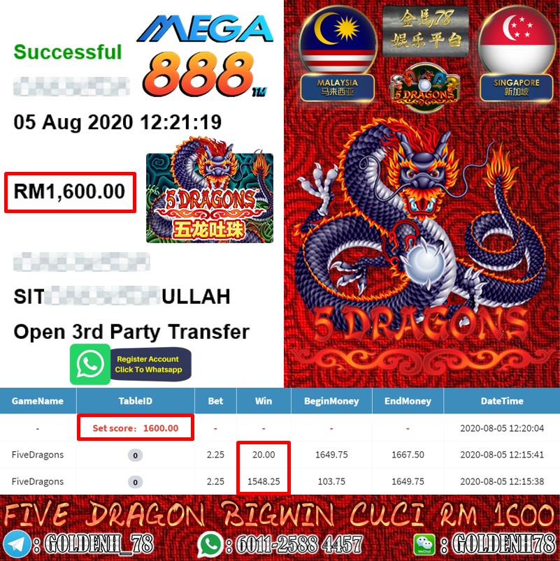 MEGA888 MEMBER MAIN FIVE DRAGON CUCI RM1600