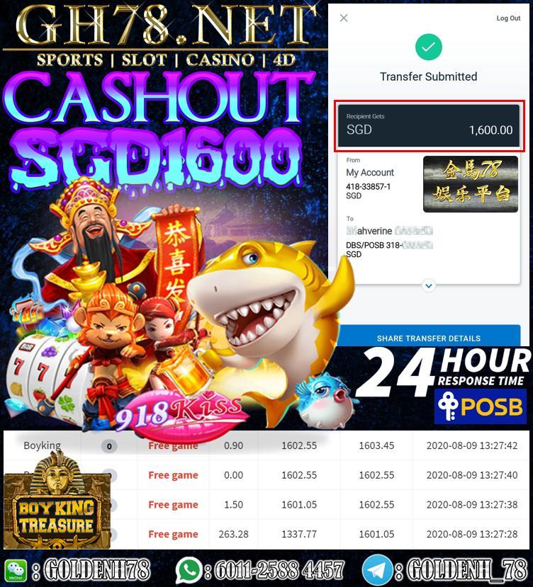 MEMBER PLAY 918KISS CASHOUT SGD1600
