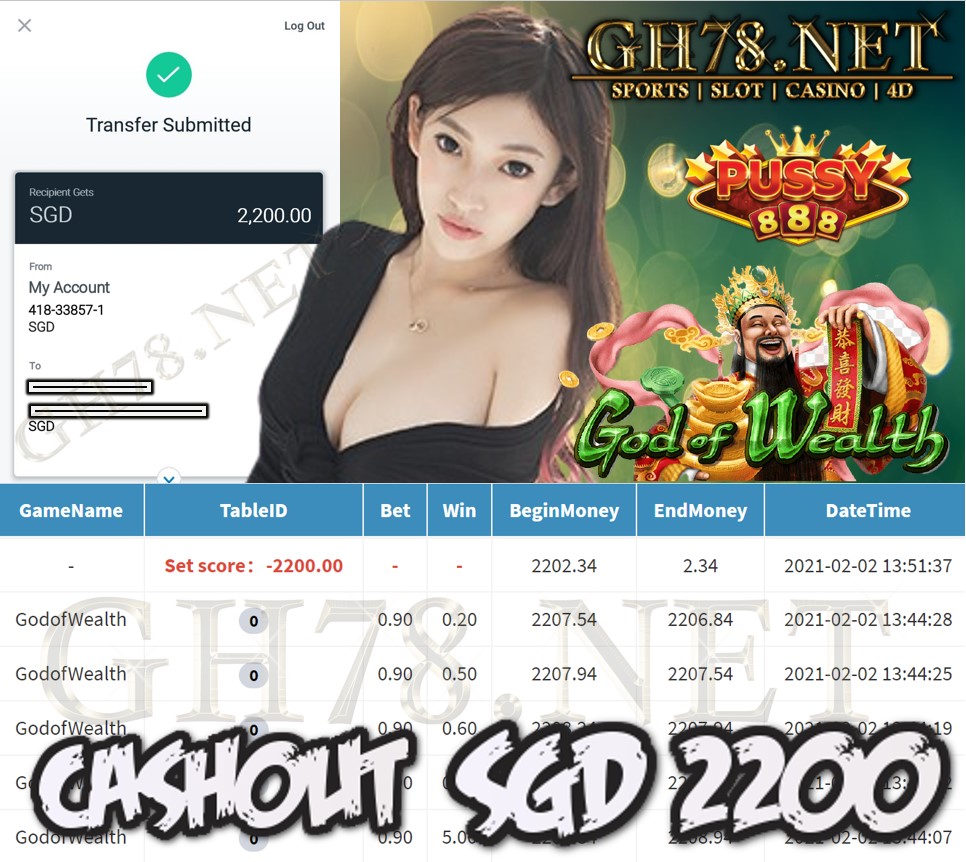 PUSSY888 GOD OF WEALTH GAME CASHOUT $S2200