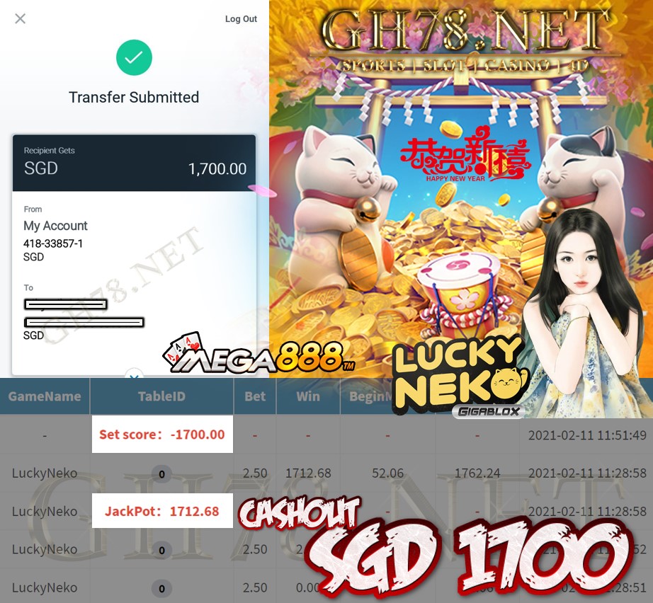 MEGA888 LUCKY NECO CASHOUT $S1700