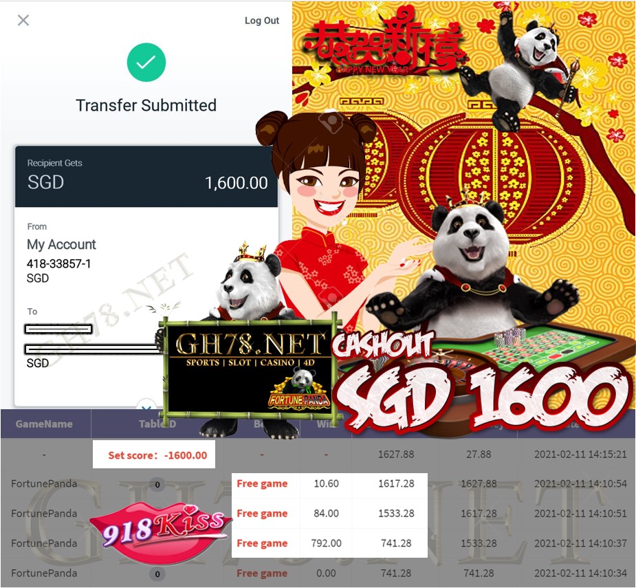 918KISS FORTUNE PANDA CASHOUT $S1600