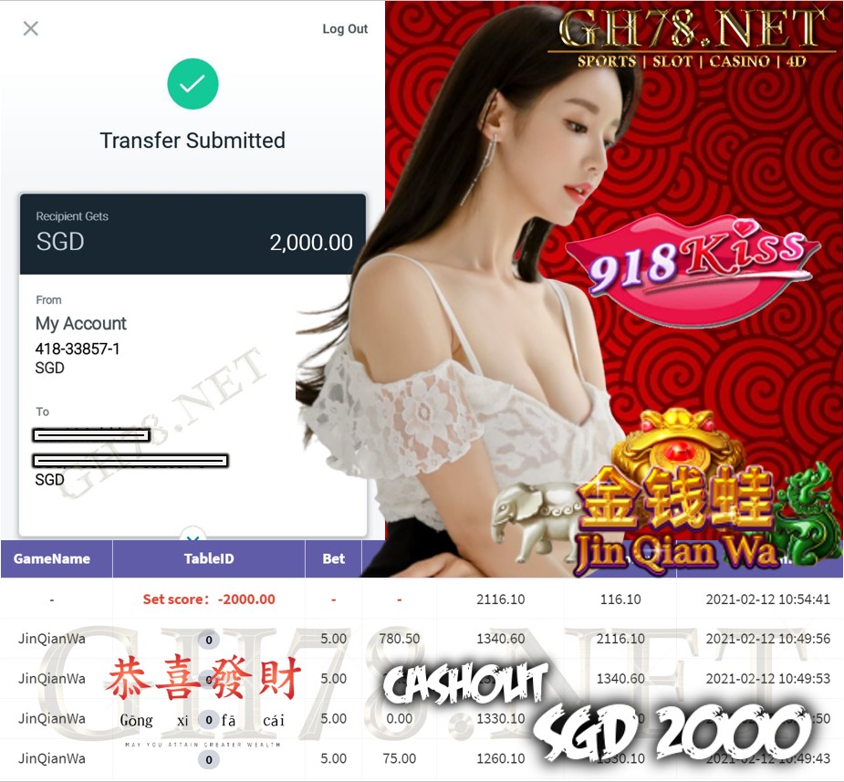 918KISS JINQIANWA GAME CASHOUT $S2000