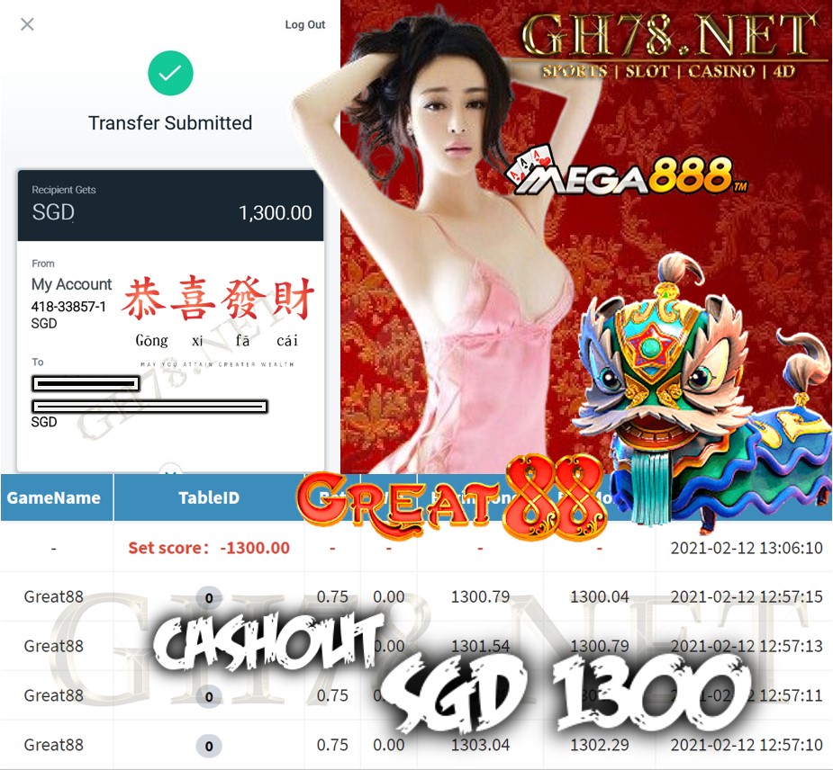 MEGA888 GREAT88 GAME CASHOUT $S1300