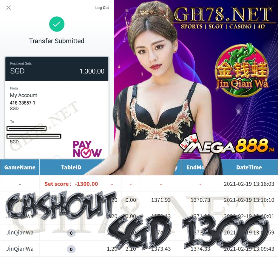 MEGA888 JIN QIAN WA CASHOUT $S1300