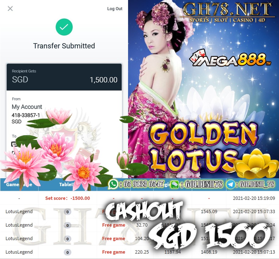 MEGA888 LOTUS LEGEND GAME CASHOUT $S1500