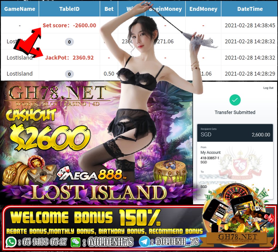 MEGA888 LOST ISLAND GAME CASHOUT SGD2600