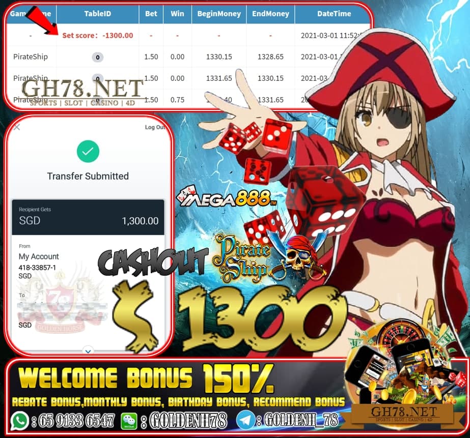 MEGA888 PIRATE SHIP GAME CASHOUT SGD1300