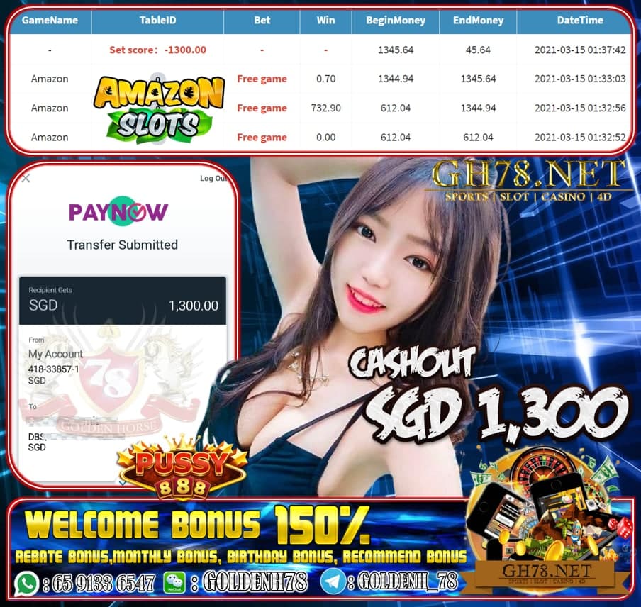 PUSSY888 AMAZON GAME CASHOUT SGD1300 LET'S JOIN WITH US NOW !!