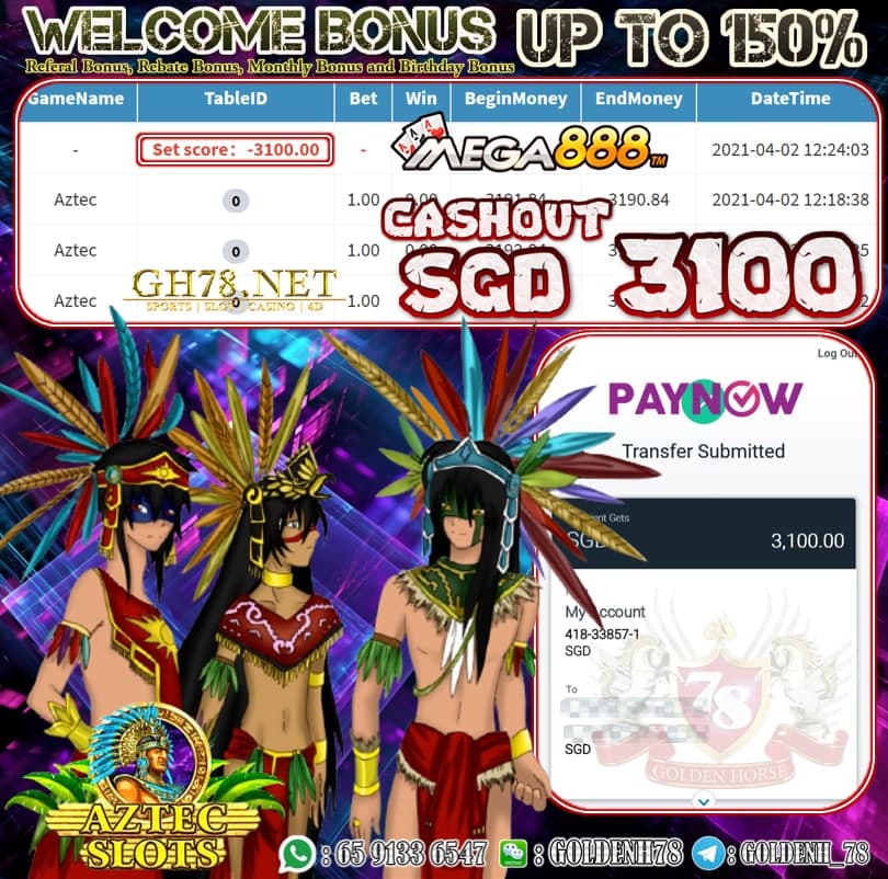 MEGA888 AZTEC GAME CASHOUT SGD3100