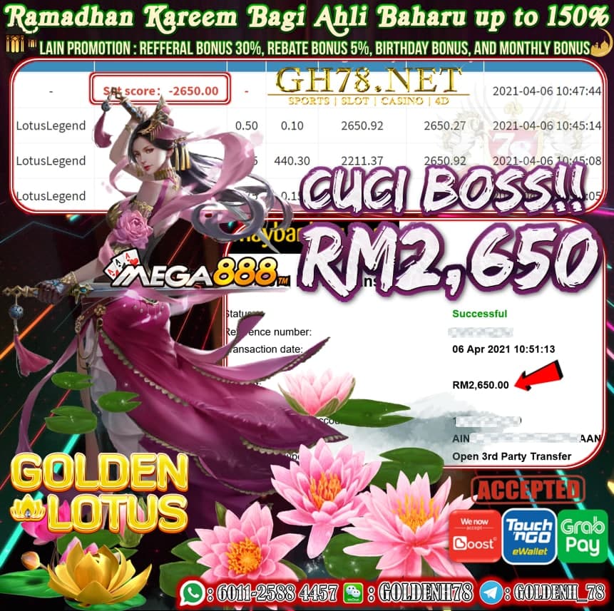 MEGA888 LOTUS LEGEND GAME CUCI RM2650