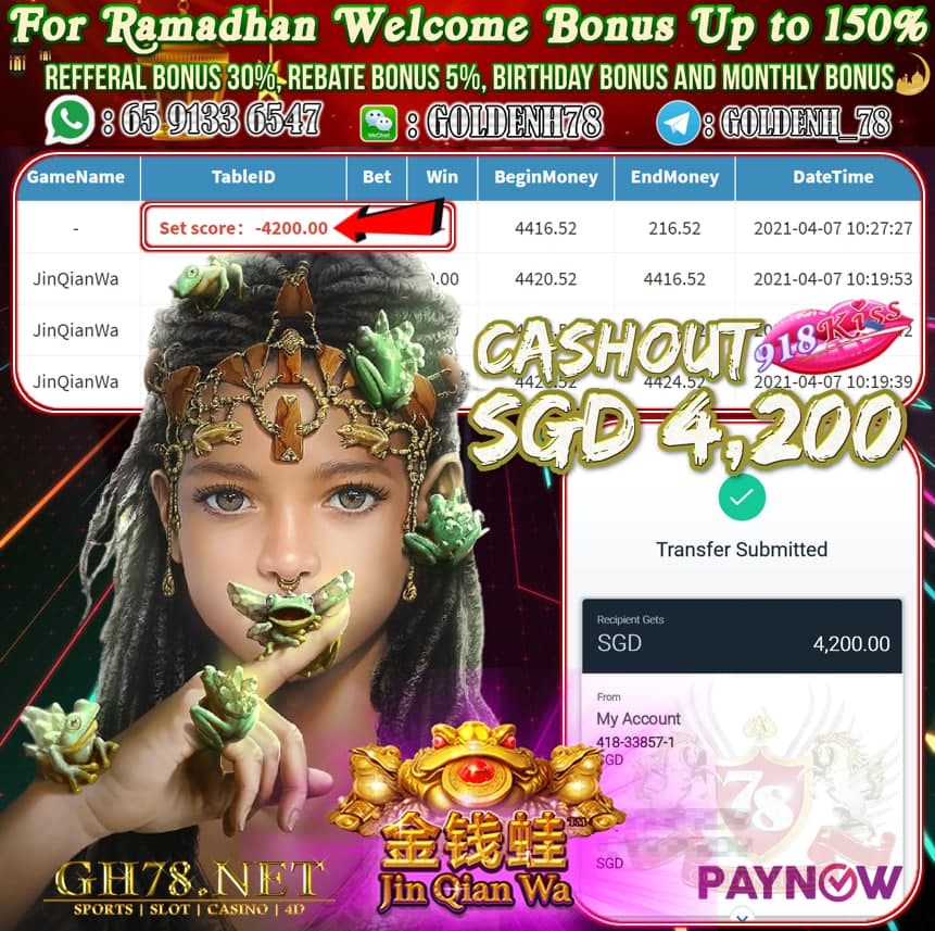 918KISS JIN QIAN WA GAME CASHOUT SGD4,200