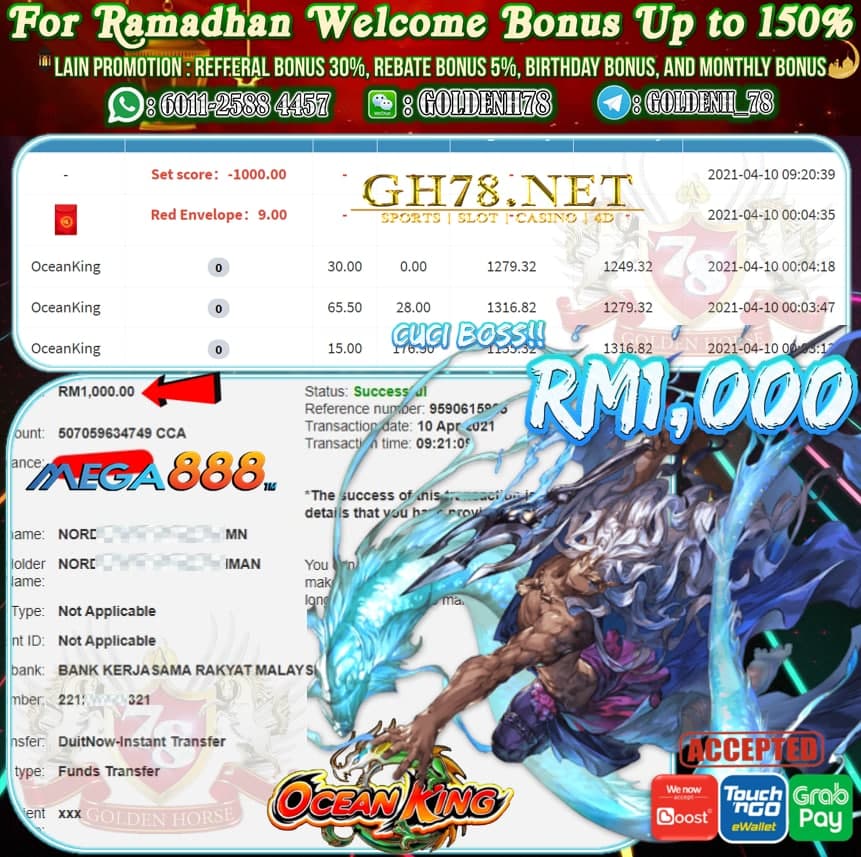 MEGA888 OCEAN KING GAME CUCI RM1,000