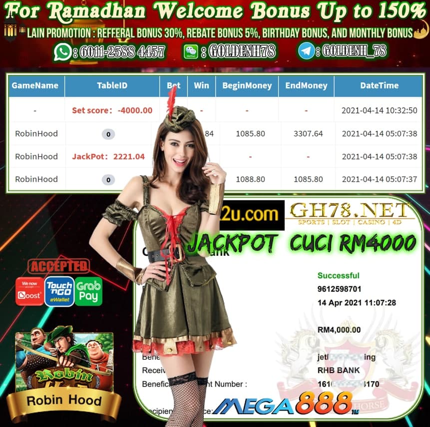 MEGA888 ROBIN HOOD GAME JATUH JACKPOT MEMBER MINTA CUCI RM4,000