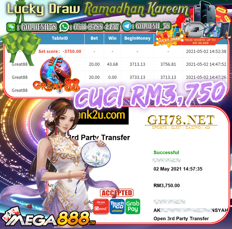 MEGA888 GREAT 88 GAME CUCI RM3750