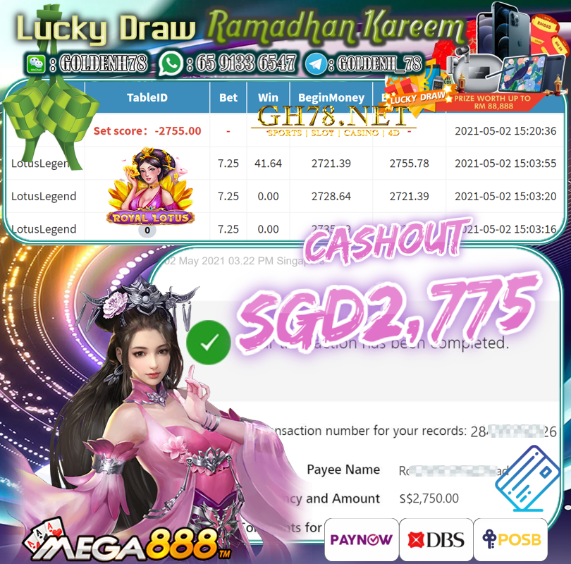 MEGA888 LOTUS LEGEND GAME CASHOUT $S2775