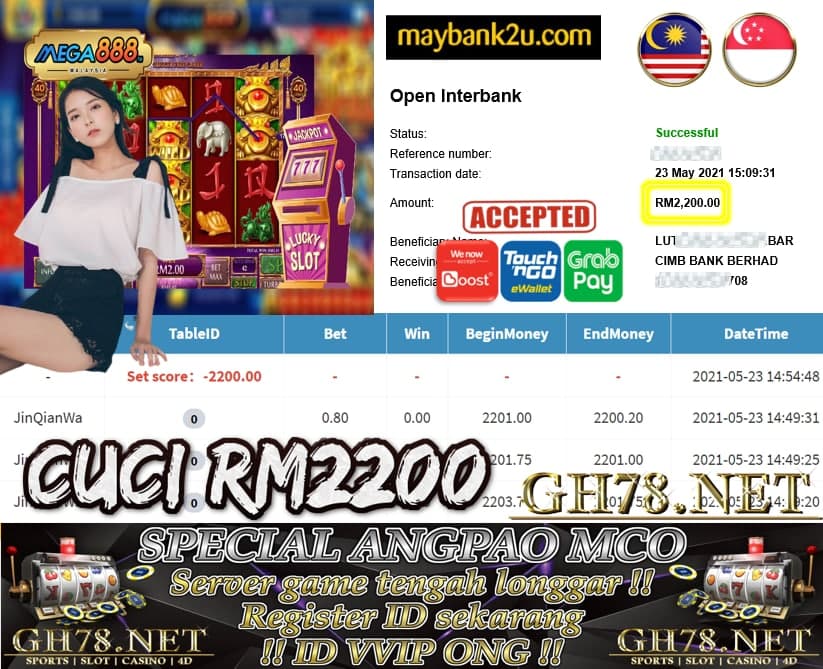 MEGA888 JIN QIAN WA CUCI RM2200