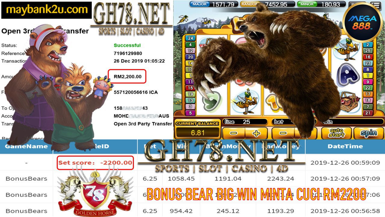 MEMBER MAIN MEGA888 GAME BONUSBEARS MINTA OUT RM2200!!!