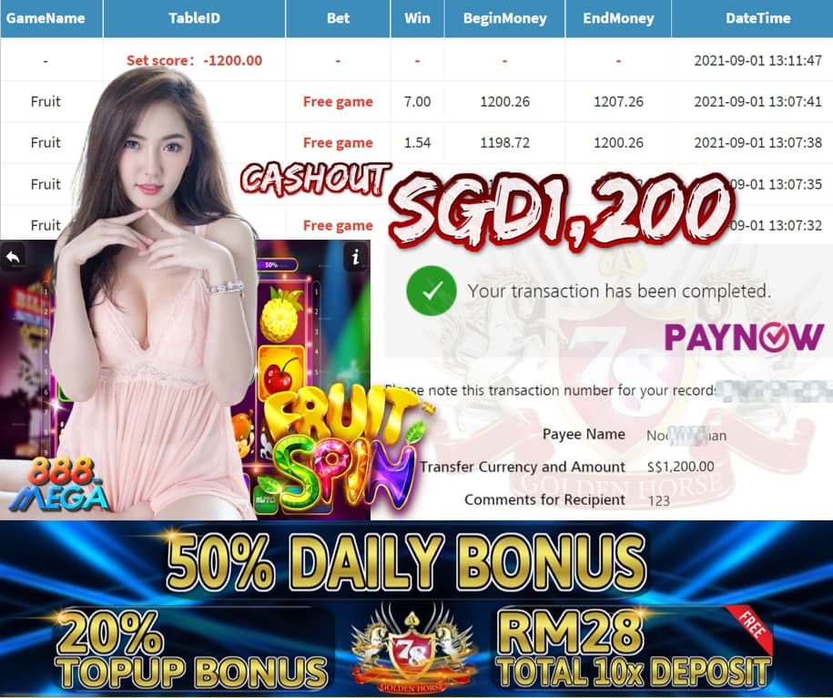 MEGA888 FRUIT GAME CASHOUT SGD1200