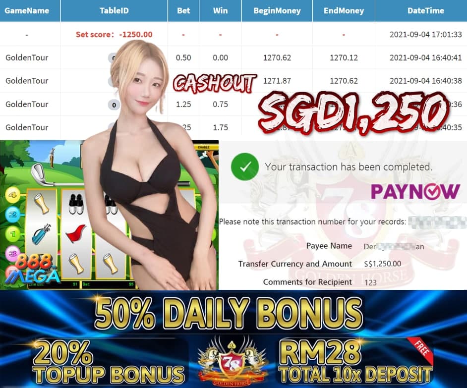 MEGA888 GOLDEN TOUR GAME CASHOUT SGD1,250