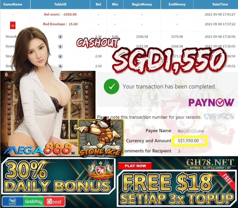 MEGA888 STONE AGE GAME CASHOUT SGD1550